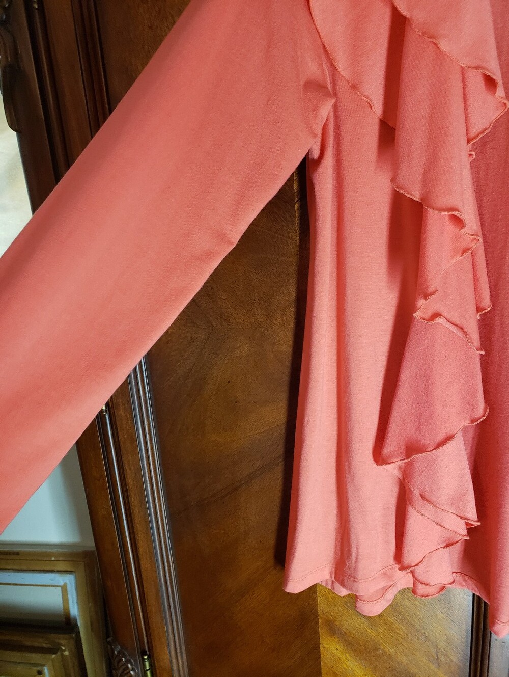 Coral Ruffle Open-Front Women's Sweater - Picture 2 of 7
